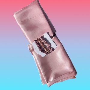 2 ROSE COLORED SATIN PILLOWCASES & HAIR SCRUNCHIES